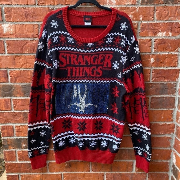 Stranger Things Adult XL Flip Sequin Red Fair Isle Sweater - Picture 9 of 9
